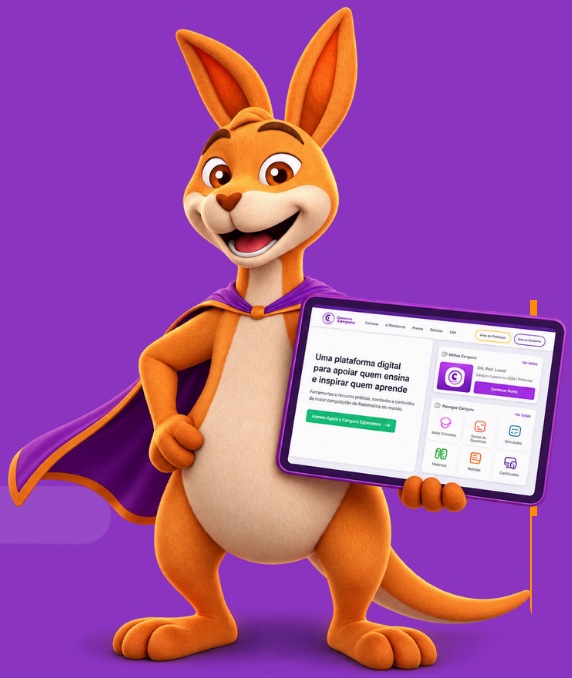 Canguru com capa roxa segurando um tablet com a plataforma Canguru Experience