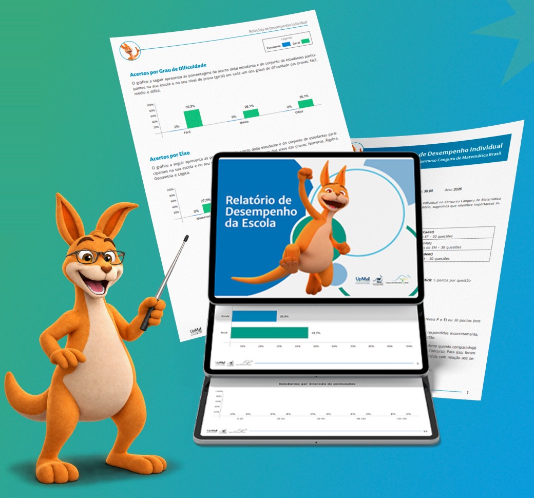 Canguru professor apontando para os Relatórios de Desempenho em tablet e folhas impressas